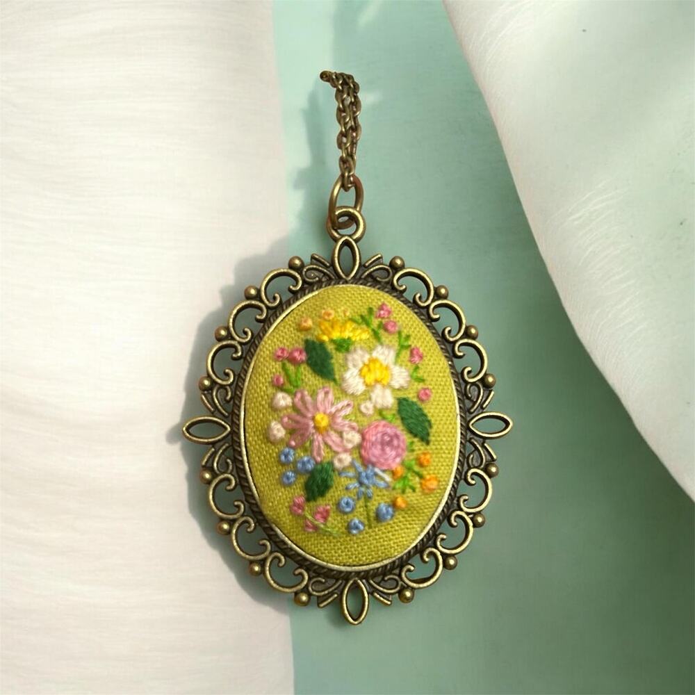 Pretty Pink & Yellow Floral Embroidery Pendant Handmade Necklace